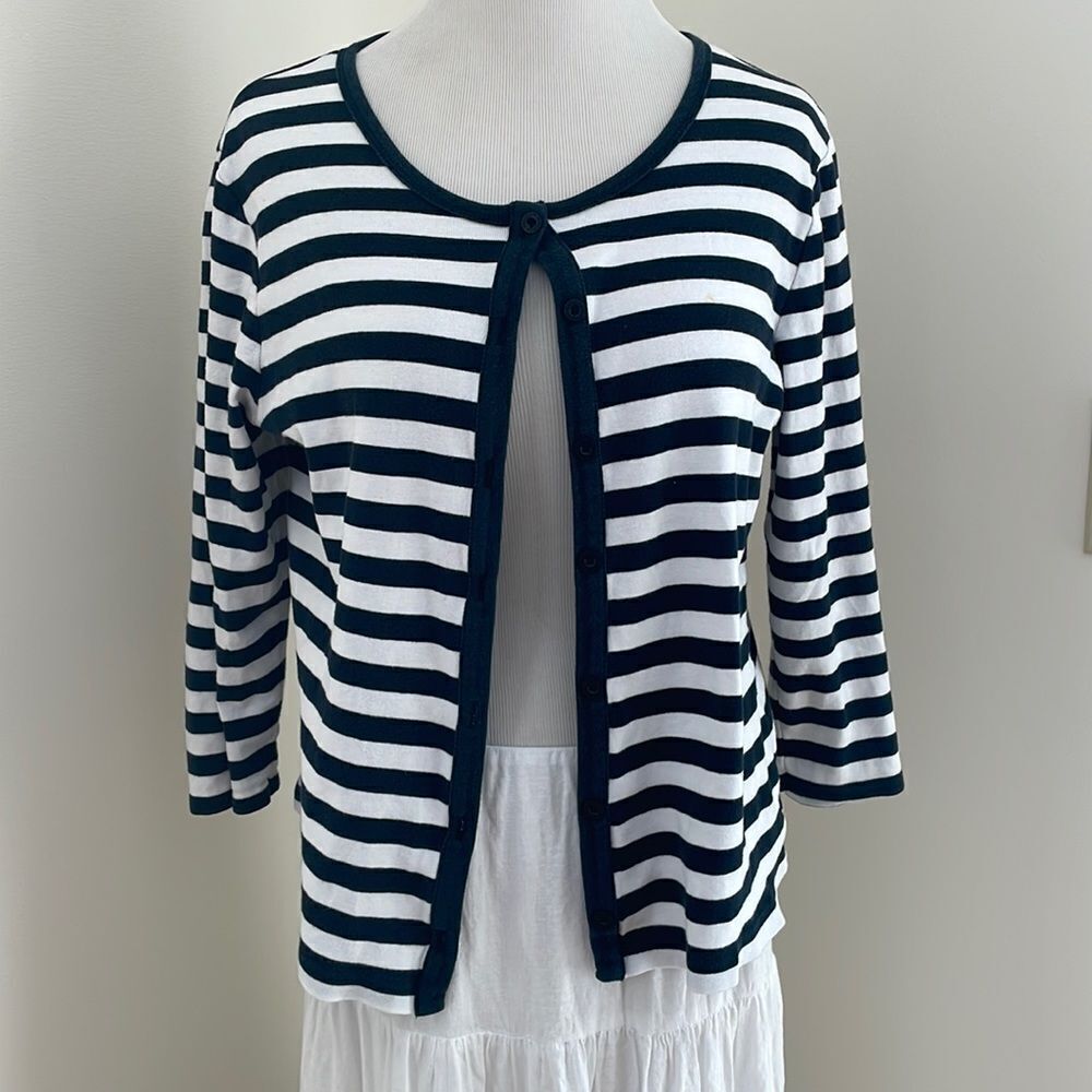 Blue/white striped 3/4 sleeve button down shirt by Rafaela women’s large
